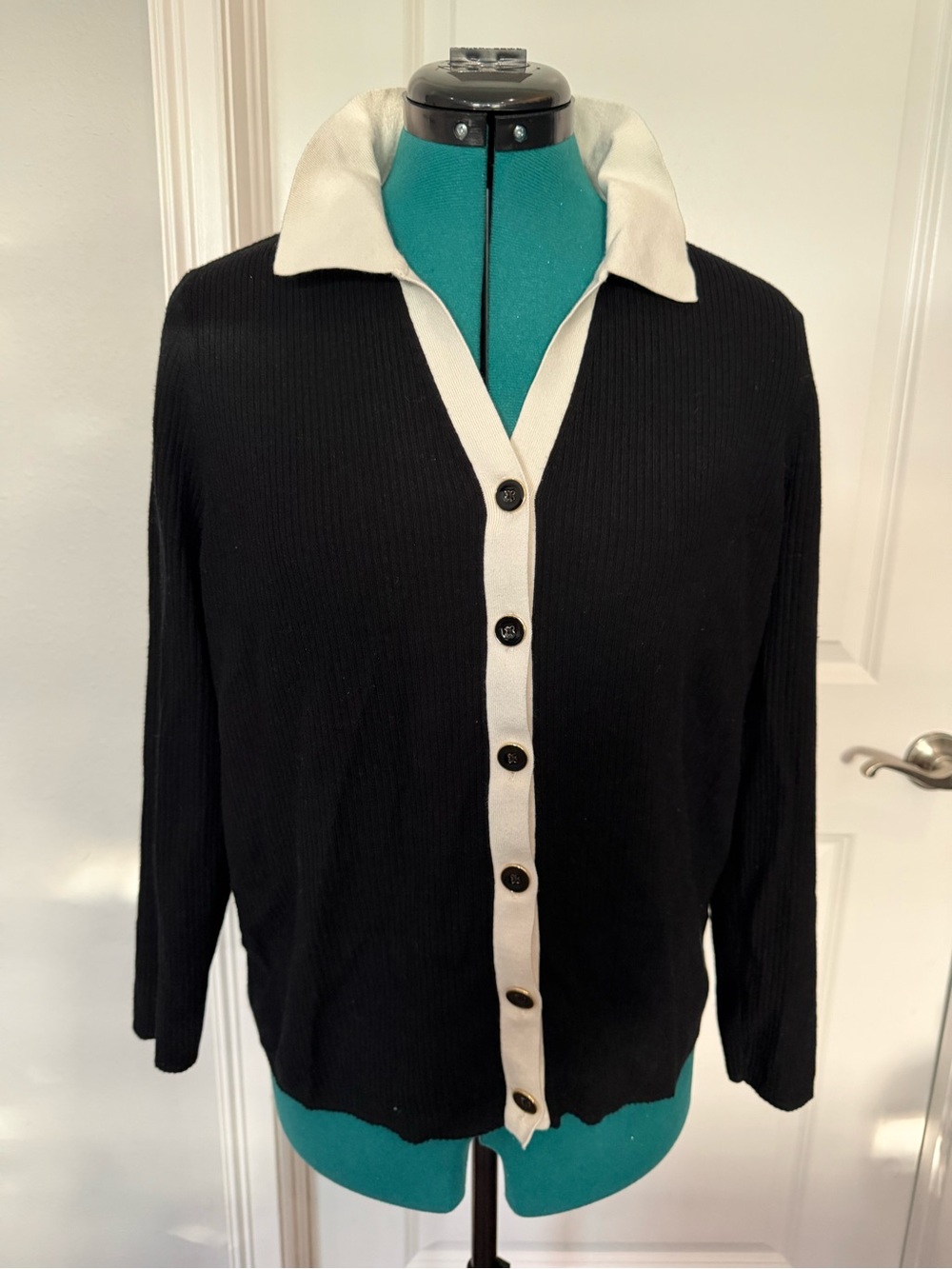 Talbots Black and Cream Button-Up Collared Cardigan Shirt